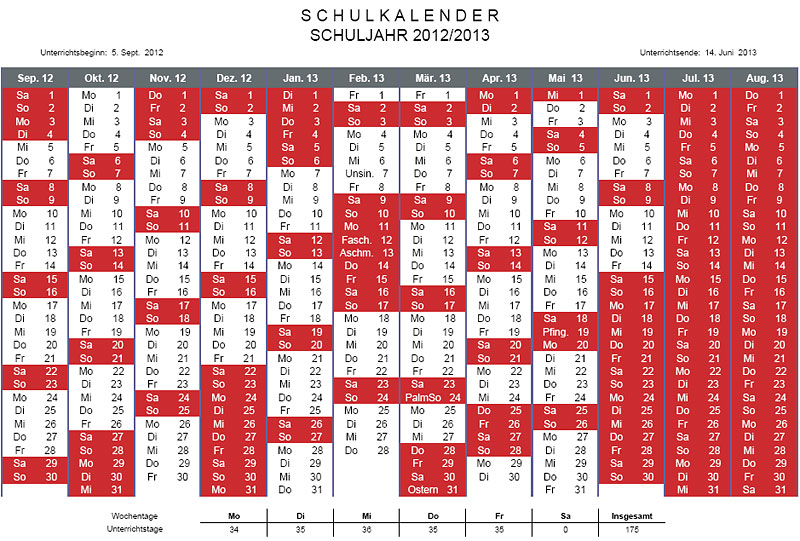 Schulkalender 2012-13
